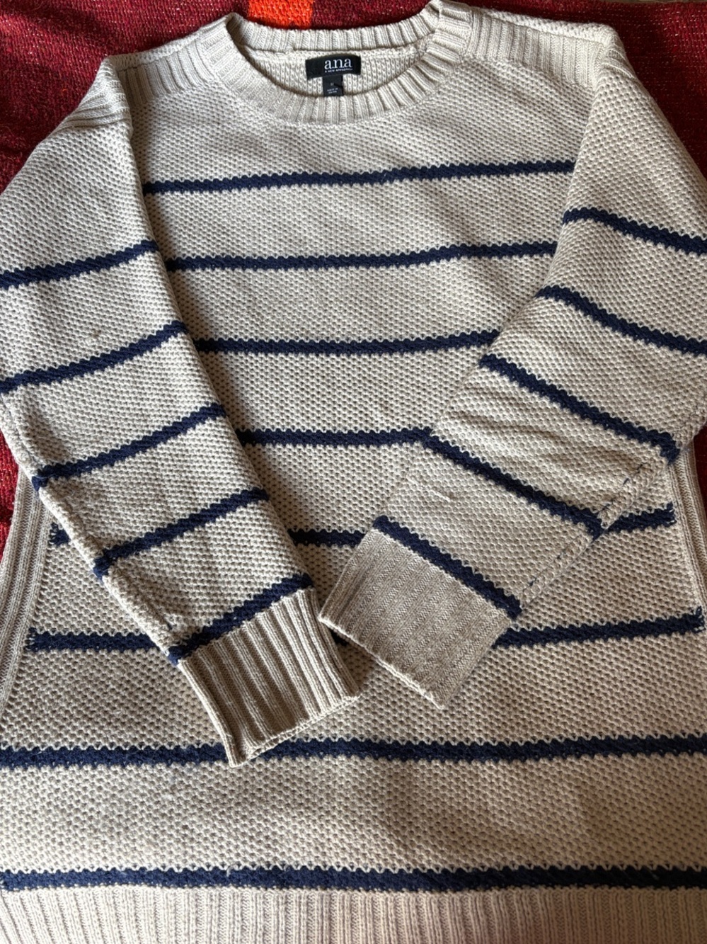 a.n.a Cream and Navy Striped Knit Sweater